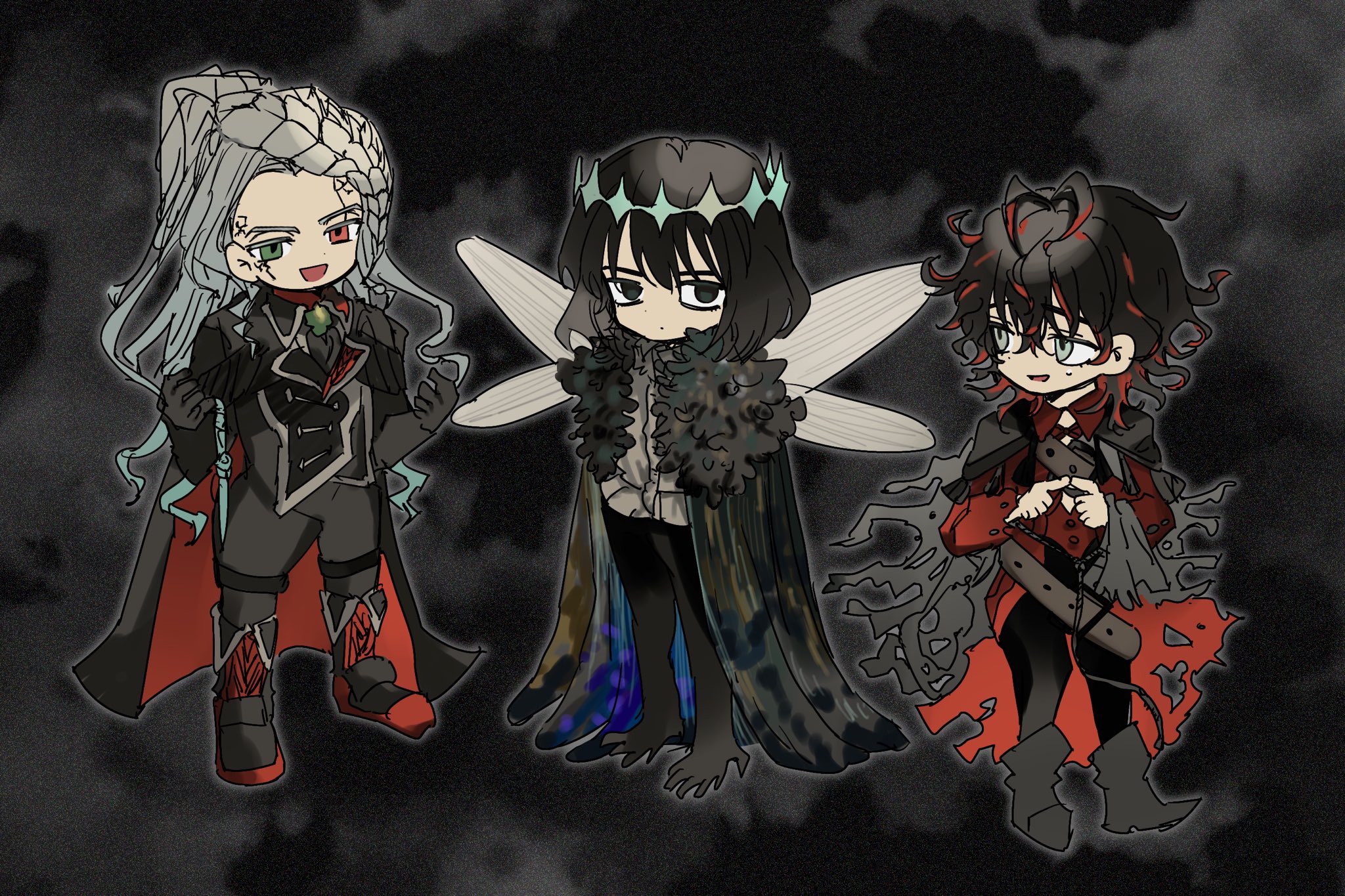 3boys alessandro_di_cagliostro_(fate) arthropod_boy black_background black_hair braid cape chest_belt cloak colored_inner_hair cracked_skin crown curly_hair dante_alighieri_(fate) dante_alighieri_(second_ascension)_(fate) deformed diamond_hairband fate/grand_order fate_(series) full_body fur-trimmed_cape fur_trim green_eyes grey_background grey_cloak grey_eyes grey_hair hanana_(ymbk_sb) heterochromia highres index_fingers_together insect_wings jacket long_hair long_sleeves looking_at_another looking_at_viewer male_focus medium_hair multicolored_hair multiple_boys oberon_(fate) oberon_(third_ascension)_(fate) open_mouth pants ponytail red_eyes red_hair shirt simple_background smile standing sweatdrop torn_cloak torn_clothes torn_coat two-tone_hair white_shirt wings