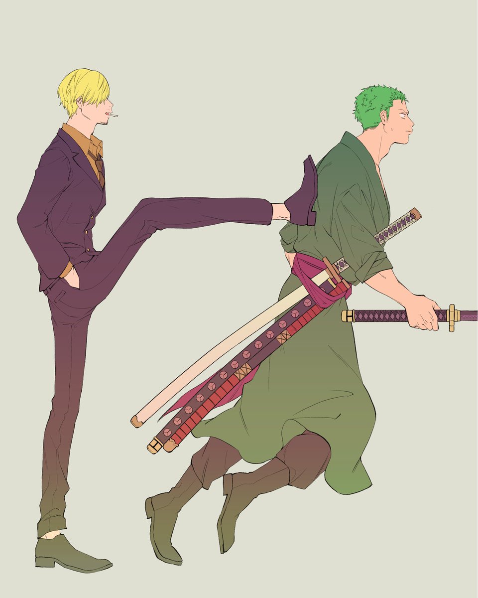 2boys archived_source bad_id bad_twitter_id black_footwear blonde_hair boots cigarette commentary fish_(m8snknk) foot_on_back green_hair green_kimono grey_background hair_over_one_eye hands_in_pockets highres holding holding_sword holding_weapon japanese_clothes katana kicking kimono male_focus multiple_boys necktie one_piece pants profile purple_sash roronoa_zoro sanji_(one_piece) sash shirt shoes simple_background sword weapon yellow_shirt