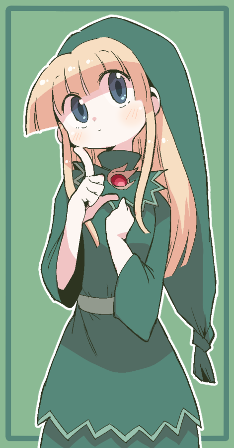 1girl belt blonde_hair blue_eyes blush brooch cowboy_shot dokan_(dkn) dress gem green_background index_finger_raised jewelry long_hair long_sleeves looking_at_viewer outline puyopuyo sidelocks simple_background solo standing striped_background white_outline witch_(puyopuyo)