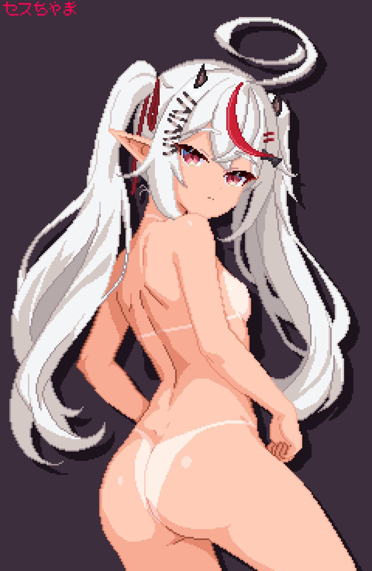 1girl ahoge ass bikini_tan breasts from_behind hair_ornament hair_ribbon hairclip horns looking_at_viewer looking_back multicolored_hair nude phase_connect pointy_ears red_eyes red_hair remilia_nephys ribbon seth-chama shoulder_blades small_breasts solo streaked_hair tan tanline twintails virtual_youtuber white_hair