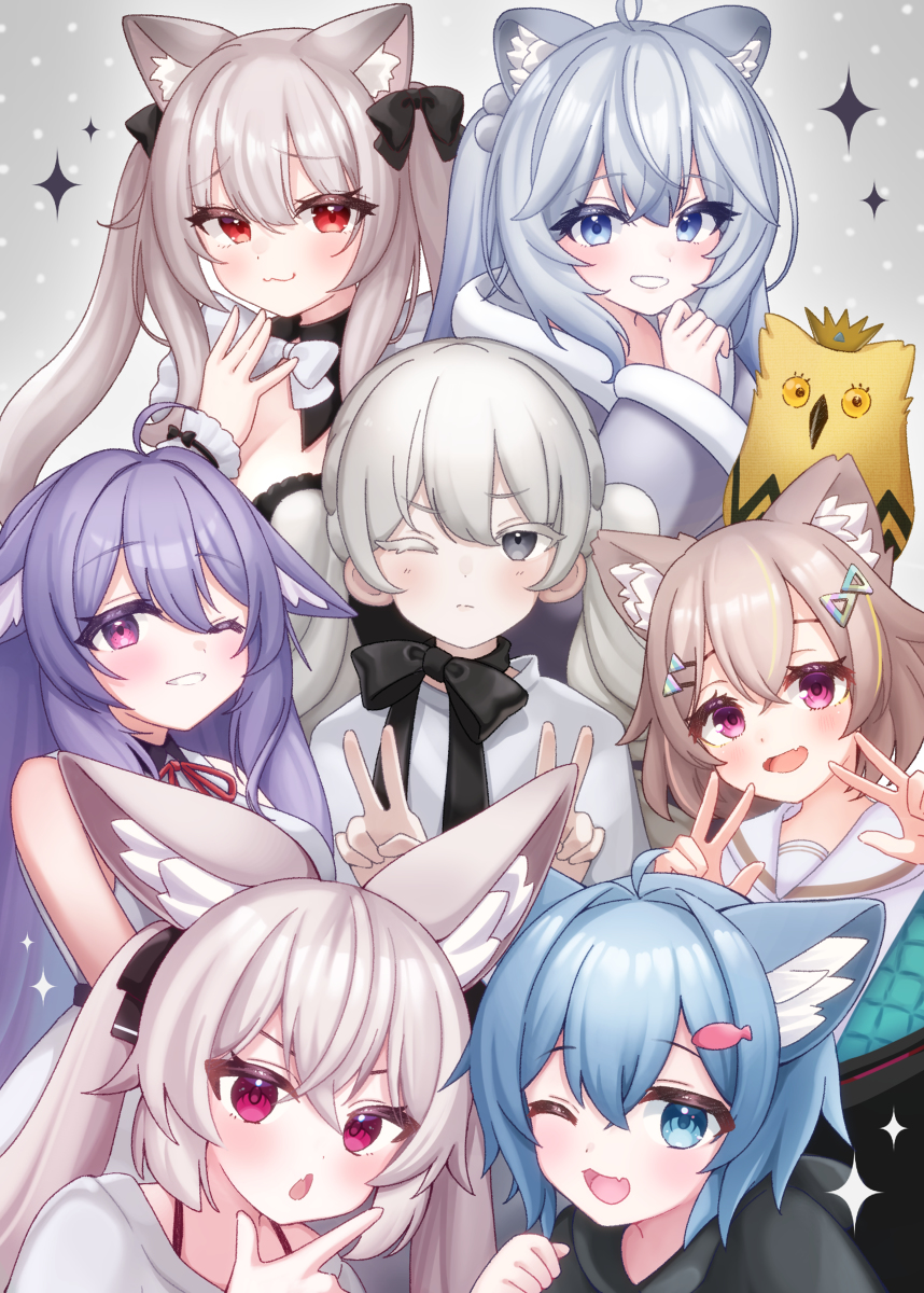 6+girls :&lt; :3 :d ;d ahoge animal_ear_fluff animal_ears bare_shoulders black_bow black_bowtie black_hoodie black_ribbon black_shirt blue_eyes blue_hair blush bow bowtie breasts brown_hair cat_ears cat_girl cleavage closed_mouth crossed_bangs crown double_v double_w dress fang fang_out fish_hair_ornament fox_ears fox_girl fur_trim grey_background grey_eyes grey_hair grey_hoodie grin grus_(vrchat) hair_between_eyes hair_bow hair_intakes hair_ornament hair_ribbon hairclip hand_on_own_chin hands_up highres hood hood_down hoodie karin_(vrchat) kikyo_(vrchat) koyuki_(vrchat) long_hair long_sleeves looking_at_viewer mashir_oxo maya_(vrchat) medium_breasts mini_crown multiple_girls neck_ribbon off_shoulder one_eye_closed open_mouth pink_eyes purple_eyes purple_hair red_eyes red_ribbon ribbon rusk_(komado_booth) sailor_collar shirt short_hair skin_fang sleeveless sleeveless_dress sleeveless_shirt smile sparkle tolass_and_wedge_(vrchat) twintails upper_body v very_long_hair vrchat w white_bow white_bowtie white_dress white_hair white_shirt