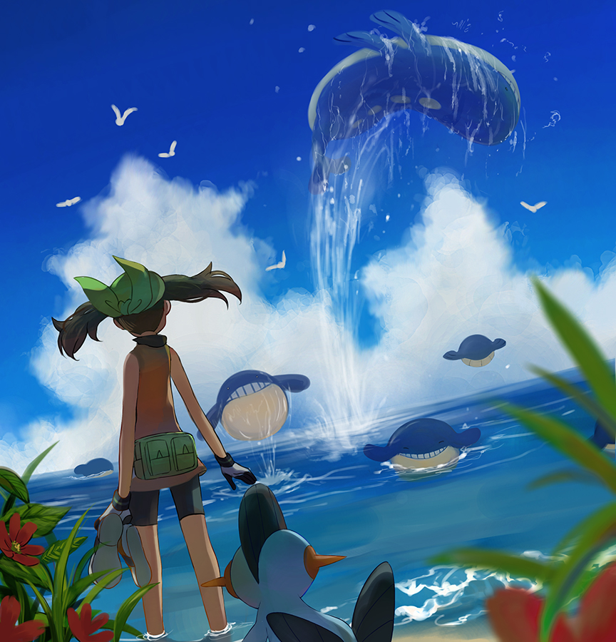1girl bag bandana bike_shorts bird black_gloves brown_hair cloud cloudy_sky commentary_request fanny_pack flower game_freak gen_3_pokemon gloves green_bag green_bandana holding holding_shoes marshtomp may_(pokemon) medium_hair nintendo ocean orange_shirt outdoors plant pokemon pokemon_(creature) pokemon_emerald pokemon_rse popcorn_91 red_flower shirt shoes sky sleeveless sleeveless_shirt unworn_shoes wading wailmer wailord white_gloves wingull