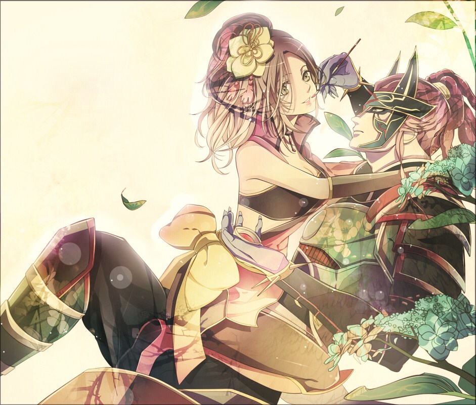 applying_makeup armor black_pantyhose breasts brown_hair brush cleavage crop_top flower fuuma_kotarou green_eyes hair_ornament japanese_clothes jewelry kaihime kimono kotaro_fuuma lips lipstick long_hair lying makeup makeup_brush necklace obi on_back pantyhose parted_bangs ponytail red_hair sash sengoku_musou skirt smile straddling