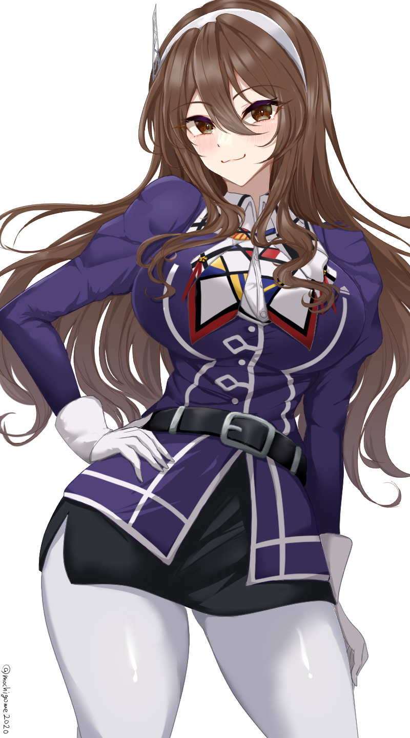 1girl :3 ascot ashigara_(kancolle) ashigara_kai_ni_(kancolle) belt blush breasts brown_eyes brown_hair chamumi_(mochiumee) cowboy_shot fake_horns fang gloves hair_between_eyes hairband hand_on_own_hip highres horned_headwear horns jacket kantai_collection large_breasts long_hair long_sleeves looking_at_viewer military_uniform multicolored_ascot neckerchief pantyhose pencil_skirt print_neckerchief purple_jacket skirt smile solo wavy_hair white_gloves white_hairband white_pantyhose