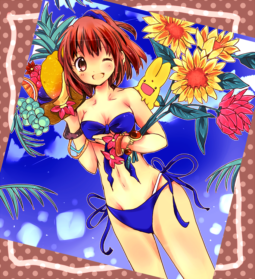 1girl arle_nadja banana bandeau bikini blue_bikini blue_sky blush bracelet breasts brown_eyes brown_hair carbuncle_(puyopuyo) cleavage cloud collarbone compile cowboy_shot creature dutch_angle flower food front-tie_top fruit grapes hairband half_updo jewelry looking_at_viewer lots_of_jewelry madou_monogatari medium_breasts one_eye_closed open_mouth orange_(fruit) palm_tree pineapple puyopuyo raspberry sega short_hair side-tie_bikini_bottom sky smile solo sunflower swimsuit taruton tree underboob wink