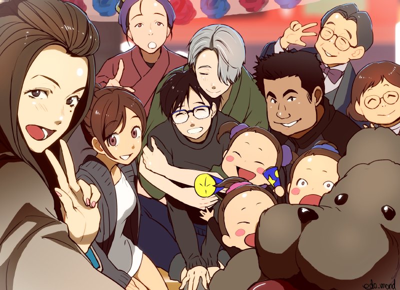 4boys 6+girls ^_^ black_hair blue-framed_eyewear bow bowtie brown_eyes brown_hair closed_eyes dog edo_mond_(edoedoedomond) closed_eyes glasses hair_bun hug hug_from_behind japanese_clothes katsuki_hiroko katsuki_mari katsuki_toshiya katsuki_yuuri makkachin mole mole_under_eye multiple_boys multiple_girls nishigoori_axel nishigoori_loop nishigoori_lutz nishigoori_takeshi nishigoori_yuuko okukawa_minako open_mouth pointing ponytail selfie silver_hair single_hair_bun smile twintails v viktor_nikiforov yuri!!!_on_ice