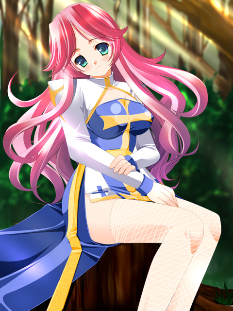 1girl 2000s_(style) arch_bishop_(ragnarok_online) ayase_mai_(jelly^2_fish) blue_dress blurry blurry_background blush breasts cleavage cleavage_cutout clothing_cutout commentary_request cross dress feet_out_of_frame fishnet_thighhighs fishnets forest green_eyes large_breasts light_rays long_hair long_sleeves looking_at_viewer nature outdoors pink_hair ragnarok_online sash sitting on_tree_stump solo sunbeam sunlight thighhighs two-tone_dress very_long_hair white_dress white_thighhighs yellow_sash
