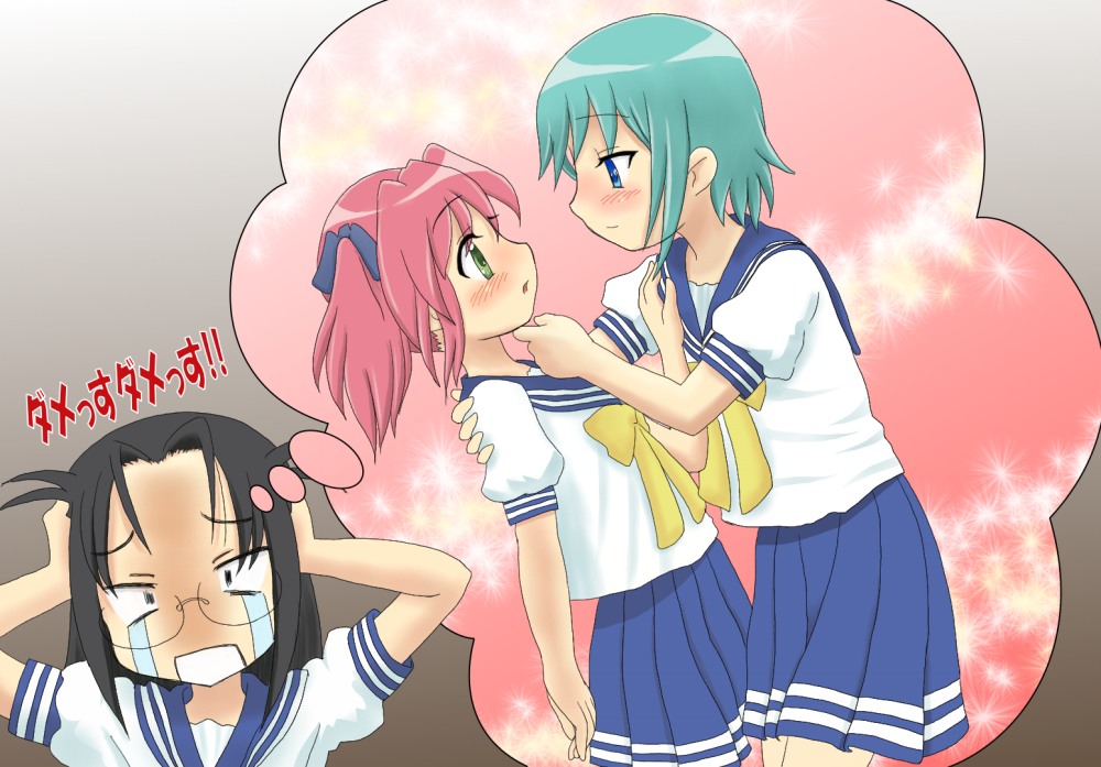 00s 3girls blush chunpai crying eye_contact flat_chest glasses green_eyes green_hair imagining iwasaki_minami kobayakawa_yutaka long_hair looking_at_another lucky_star multiple_girls no_legwear pink_hair school_uniform serafuku shipping_(fandom) short_hair skirt smile speech_bubble streaming_tears tamura_hiyori tears thought_bubble yuri