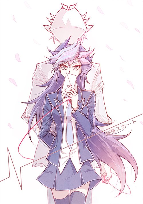1boy 1girl ahoge arm_at_side arm_behind_back back-to-back black_jacket black_pants black_skirt black_socks black_thighhighs blazer blue_necktie cang_(iphis233) cardiogram clenched_hand colored_bangs commentary_request covered_mouth covering_own_mouth dress_shirt envelope facing_away facing_viewer falling_petals fujiki_yusaku genderswap genderswap_(mtf) grey_eyes hands_in_pockets heart_sticker holding holding_envelope holding_letter holding_string jacket kogami_ryoken letter long_hair looking_at_viewer loose_necktie love_letter necktie open_clothes open_jacket pants petals pink_petals pleated_skirt school_uniform shirt skirt sleeves_rolled_up socks spiked_hair string string_around_finger string_of_fate thighhighs tie_clip untucked_shirt walking_away walking_towards_viewer white_background white_hair white_jacket white_shirt wind yu-gi-oh! yu-gi-oh!_vrains