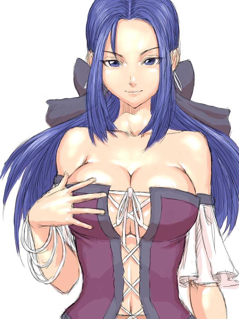 1girl bare_shoulders blue_eyes blue_hair bow bracelet breasts cleavage corset detached_sleeves dragon_quest dragon_quest_ix earrings female_focus fumio_(rsqkr) hair_bow jewelry large_breasts level-5 long_hair matching_hair/eyes ruida simple_background sketch solo