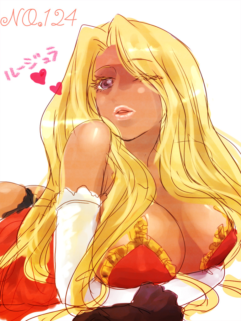1girl ass blonde_hair breasts cleavage creatures_(company) dark_skin dress game_freak ganguro gen_1_pokemon gyaru hanahasu jynx large_breasts lips nintendo one_eye_closed panties personification pokemon red_dress underwear wink