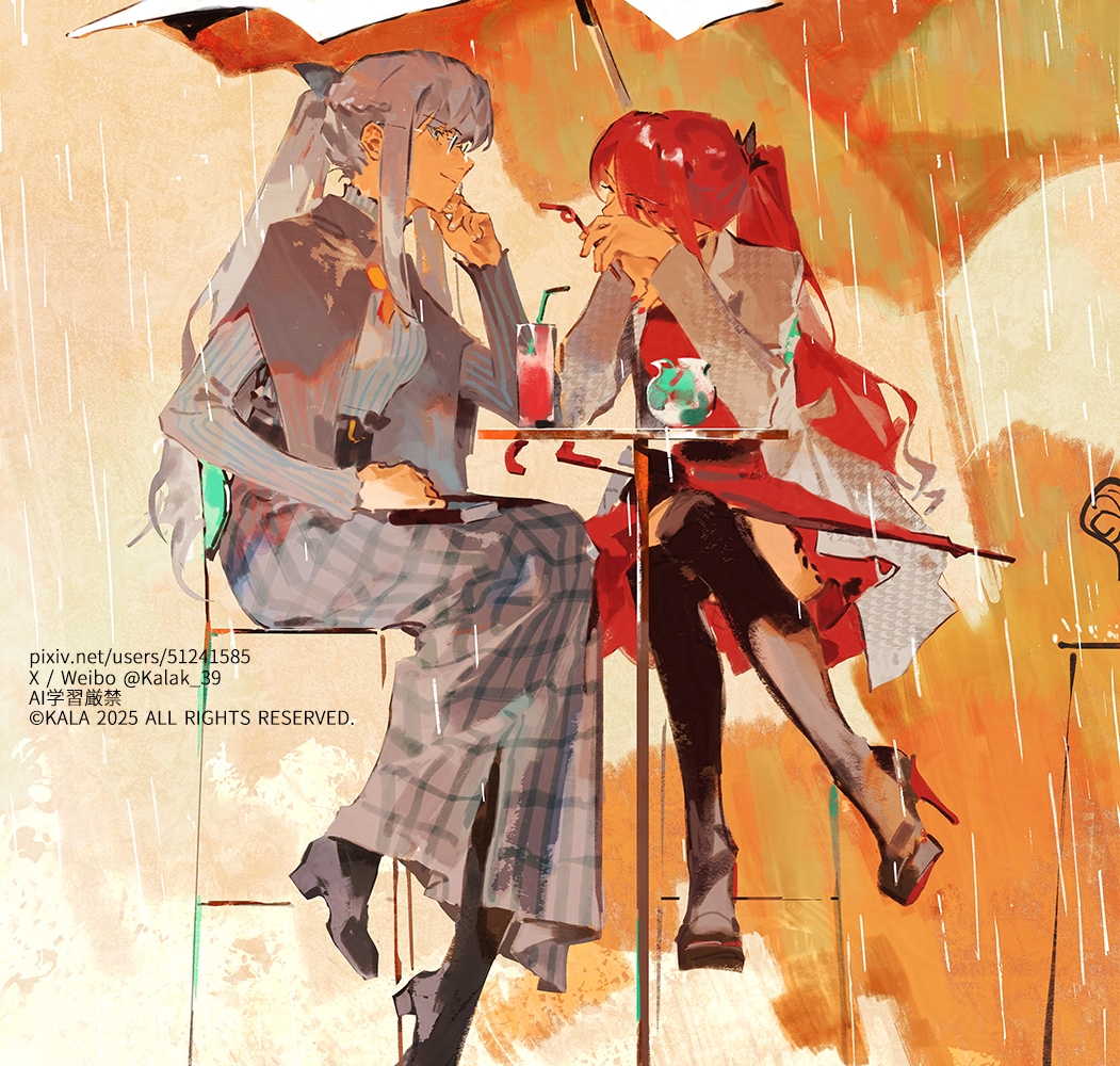 2girls arm_rest baobhan_sith_(fate) black_shoes black_thighhighs book book_on_lap chair cup dress drinking_glass drinking_straw fate/grand_order fate_(series) fujimaru_ritsuka_wa_wakaranai glasses grey_hair grey_jacket hair_ribbon head_rest high_chair high_heels holding holding_drinking_straw jacket kalak_39 long_hair long_skirt morgan_le_fay_(fate) morgan_le_fay_(pop_up_attire)_(fate) mother_and_daughter multiple_girls official_alternate_costume plaid_clothes plaid_skirt pointy_ears ponytail red_dress red_nails ribbed_sweater ribbon shoes sitting skirt stiletto_heels sweater table thighhighs umbrella watermark white_sweater