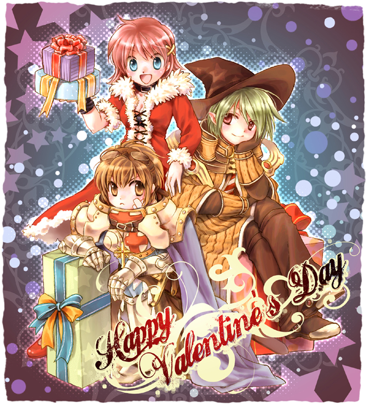 1boy 2girls armor blue_cape blue_eyes boobplate box breastplate breasts brown_cape brown_eyes brown_gloves brown_hair brown_hat brown_pants cape cleavage closed_mouth coat commentary_request crusader_(ragnarok_online) exyagi frown full_body fur-trimmed_coat fur_trim gauntlets gift gift_box gloves green_hair hair_ornament hand_on_own_cheek hand_on_own_face hat long_sleeves looking_at_viewer medium_breasts multiple_girls open_mouth pants pauldrons pink_eyes pink_hair ragnarok_online red_coat rogue_(ragnarok_online) sage_(ragnarok_online) short_hair shoulder_armor sitting smile standing striped_cape valentine witch_hat x_hair_ornament