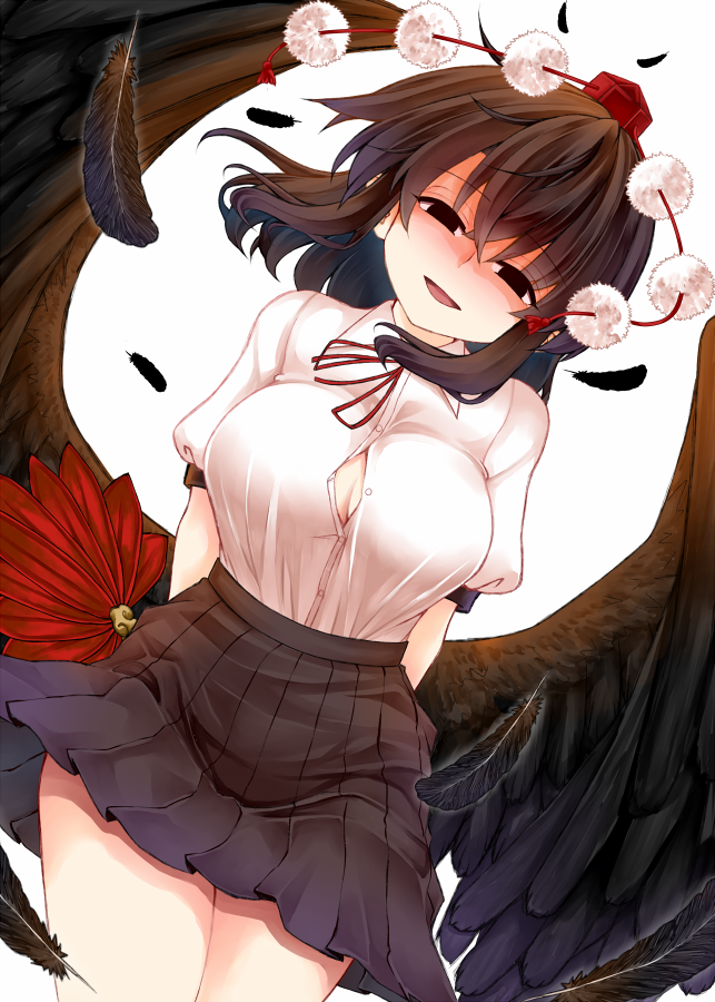 1girl black_hair breasts button_gap duplicate feathered_wings half-closed_eyes hat large_breasts looking_at_viewer pixel-perfect_duplicate shameimaru_aya shirt smile thighs touhou white_background white_shirt wings zetsumame