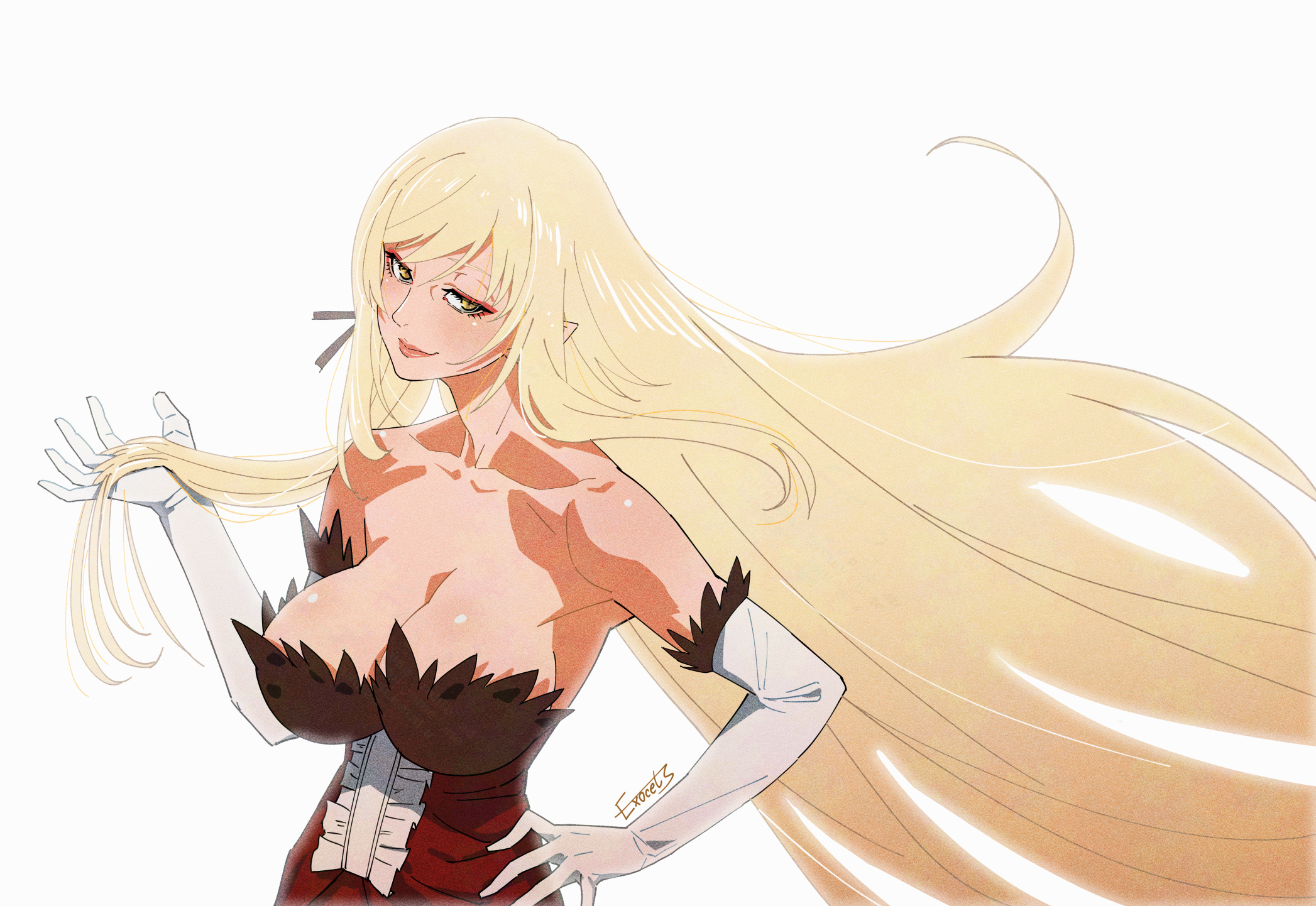 1girl artist_name bare_shoulders blonde_hair breasts cleavage collarbone dress elbow_gloves exocet_(exocet4) eyeshadow feather-trimmed_dress feather-trimmed_gloves frilled_dress frills gloves hand_in_own_hair hand_on_own_hip highres kiss-shot_acerola-orion_heart-under-blade kizumonogatari large_breasts long_hair looking_at_viewer makeup monogatari_(series) oshino_shinobu pointy_ears red_dress red_eyeshadow seductive_smile sidelocks sleeveless sleeveless_dress smile solo strapless strapless_dress vampire very_long_hair white_background white_gloves yellow_eyes