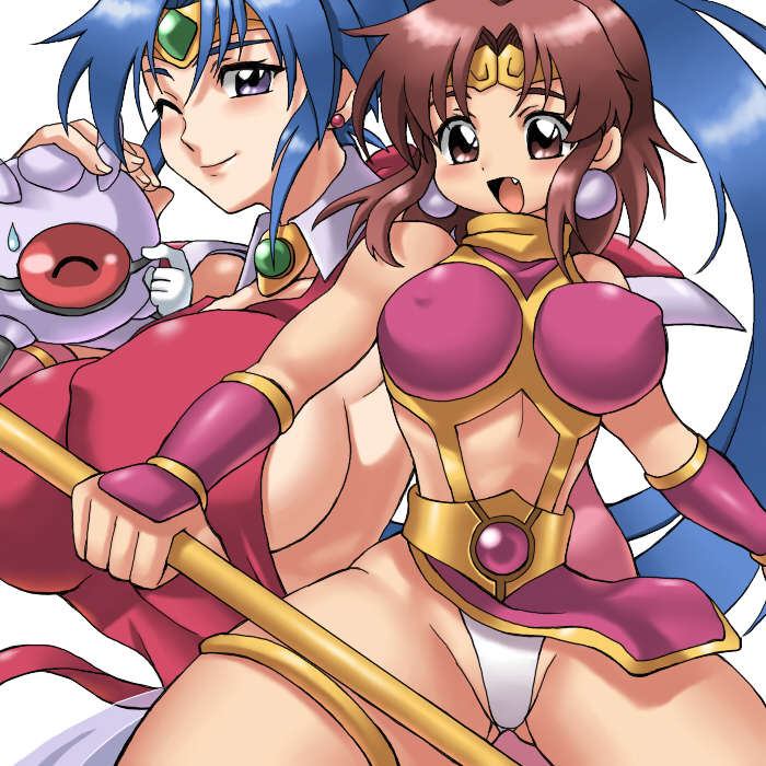 2girls ball_boy bare_shoulders blue_hair breasts brown_hair choujin_gakuen_gowcaizer fang game hishizaki_shaia_(gowcaizer) inaho large_breasts multiple_girls nipples one_eye_closed panties robot sideboob smile son_karin spandex stick technos underwear wink