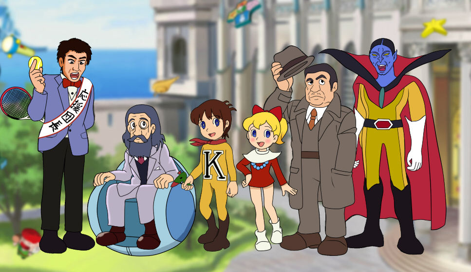 blonde_hair blue_eyes bodysuit brown_hair chargeman_ken! derivative_work doctor_volga doraemon doraemon_(character) dress fujiko_f_fujio_(character) fujiko_f_fujio_(style) izumi_caron izumi_ken jewelry matsuoka_shuuzou necklace open_mouth parody pearl_necklace red_dress red_ribbon ribbon style_parody yellow_bodysuit