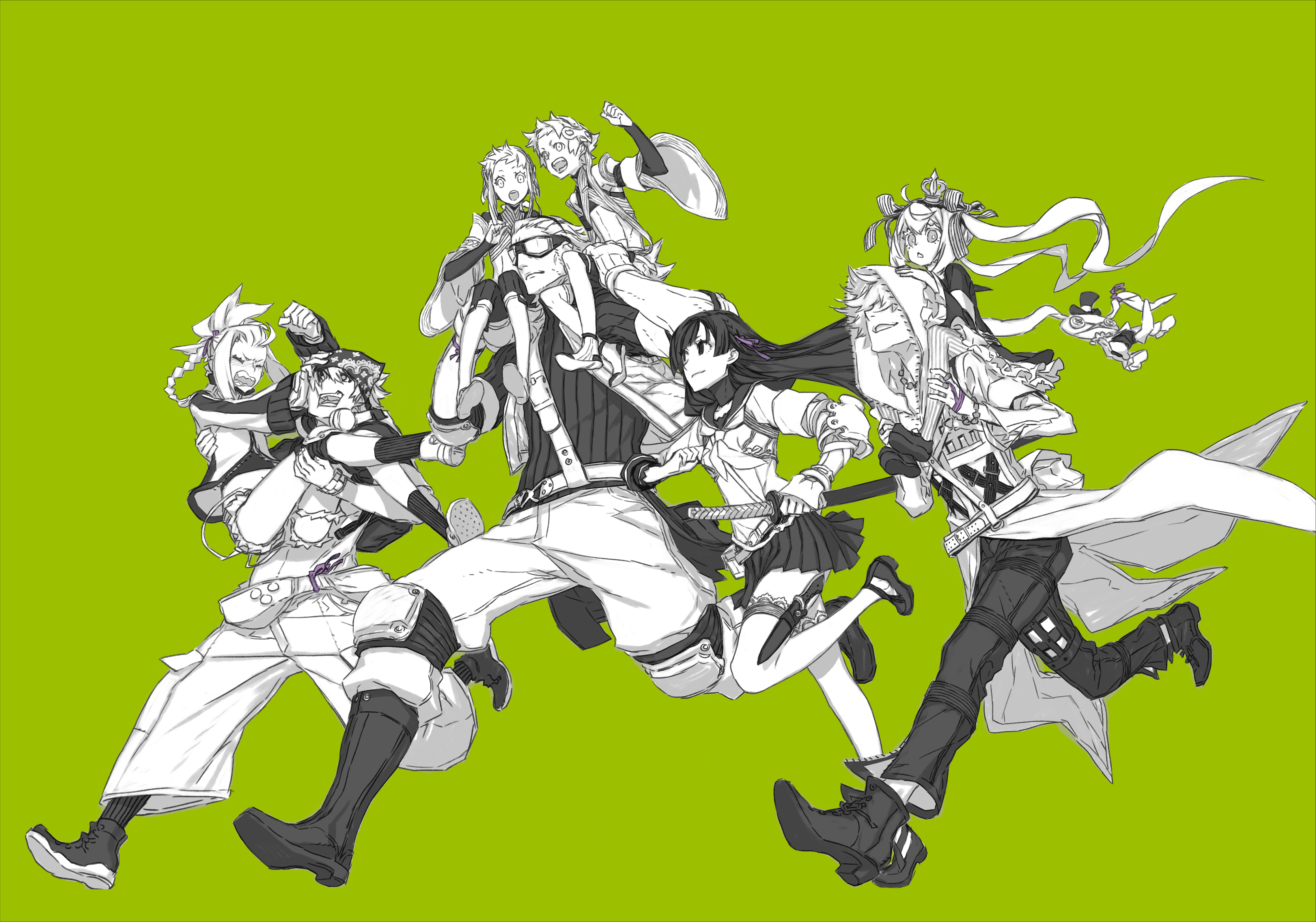 4boys 4girls 7th_dragon_(series) 7th_dragon_2020 7th_dragon_2020-ii :o absurdres anniversary carrying carrying_over_shoulder carrying_person chelsea_(7th_dragon) destroyer_(7th_dragon_2020) green_background greyscale hacker_(7th_dragon) hair_over_eyes happy highres holding holding_sword holding_weapon katanako miina_(7th_dragon) miroku_(7th_dragon) miwa_shirow monochrome multiple_boys multiple_girls navigator_(7th_dragon) nishimura_haru_(7th_dragon) official_art princess_carry psychic_(7th_dragon) running samurai_(7th_dragon) simple_background smile sword weapon