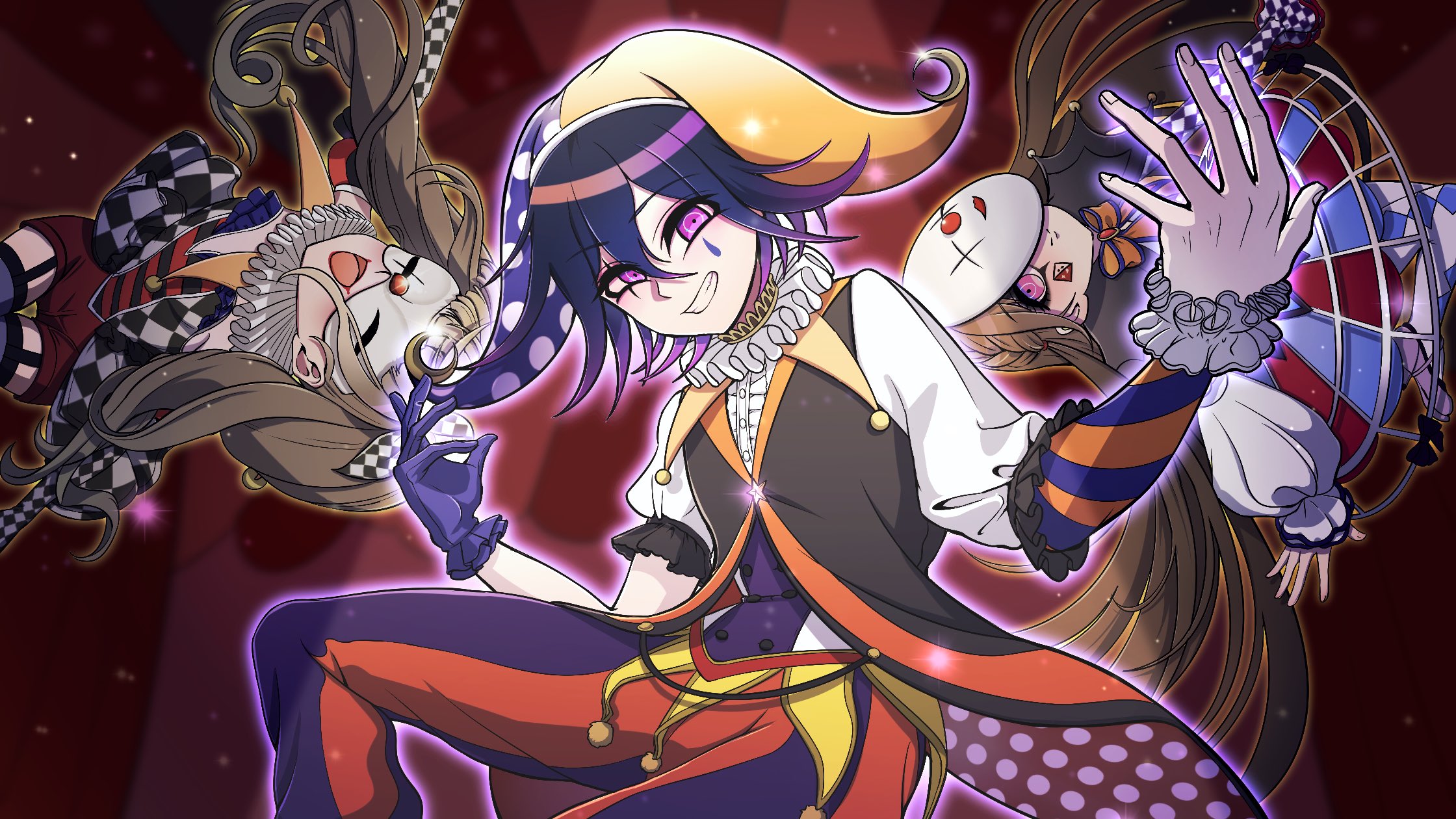 1boy 2girls :d brown_hair center_frills checkered_sleeves danganronpa_(series) danganronpa_v3:_killing_harmony dice_members_(danganronpa) dress_shirt flipped_hair frills grin hair_between_eyes hat highres jester jester_cap jester_costume long_hair long_sleeves mask mion_danron multicolored_background multicolored_hair multiple_girls oma_kokichi open_mouth orange_hat orange_pants pants pink_eyes polka_dot purple_hair purple_pants red_background shirt smile striped_clothes striped_pants teeth two-tone_hair white_shirt