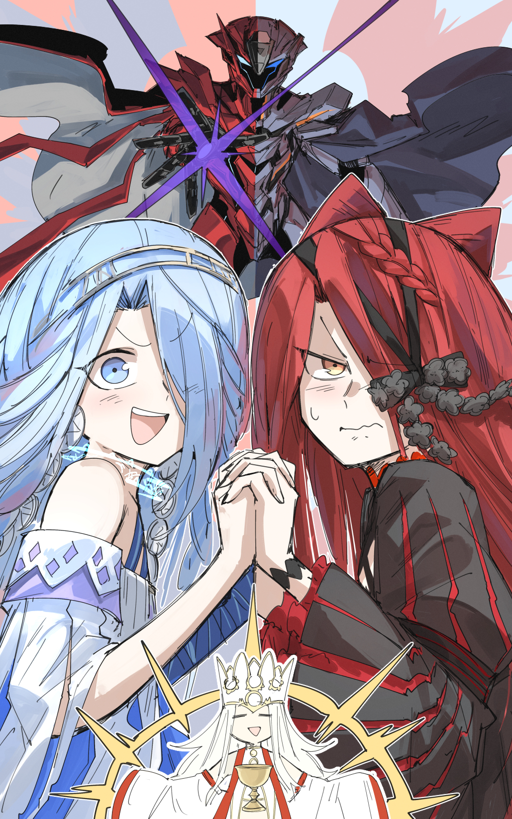 1boy 3girls armor bare_shoulders blush breasts dress fate/grand_order fate_(series) highres irisviel_von_einzbern irisviel_von_einzbern_(caster) kankan33333 long_hair long_sleeves looking_at_viewer multiple_girls open_mouth small_breasts smile typhon_ephemeros_(fate) typhon_ephemeros_(second_ascension)_(fate) typhon_epsilon_(fate)