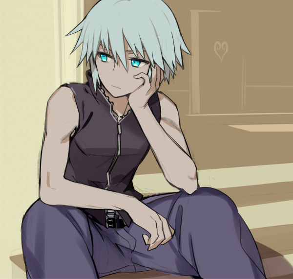 1boy kingdom_hearts nino_(nino_imo) riku_(kingdom_hearts) short_hair silver_hair sitting sleeveless zipper