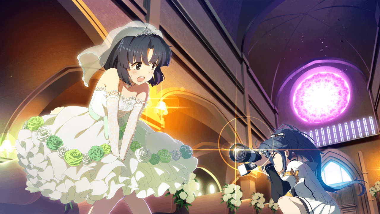 2girls :d armband ayanokouji_martial_arts_school_uniform bare_shoulders black_hair blush bridal_veil bride camera church dress elbow_gloves frilled_dress frills game_cg gloves holding holding_camera indoors kneeling lace lace_gloves layered_dress long_sleeves looking_at_another multiple_girls musumi_kiyoka non-web_source official_art open_mouth orange_armband pleated_skirt ponytail school_uniform shirt short_hair sidelocks skirt smile strapless strapless_dress taking_picture teeth toji_no_miko toji_no_miko:_kizamishi_issen_no_tomoshibi upper_teeth_only veil wedding_dress white_dress white_gloves white_shirt white_skirt winter_uniform yamashiro_yui