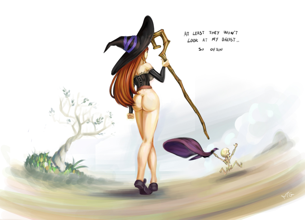 1girl ass assisted_exposure bare_shoulders bottomless corset detached_sleeves dragon&#039;s_crown english_text flats from_behind hat long_hair mario_grant no_panties outdoors red_hair running skeleton skirt unworn_skirt solo_focus sorceress_(dragon&#039;s_crown) staff text_focus tree witch_hat