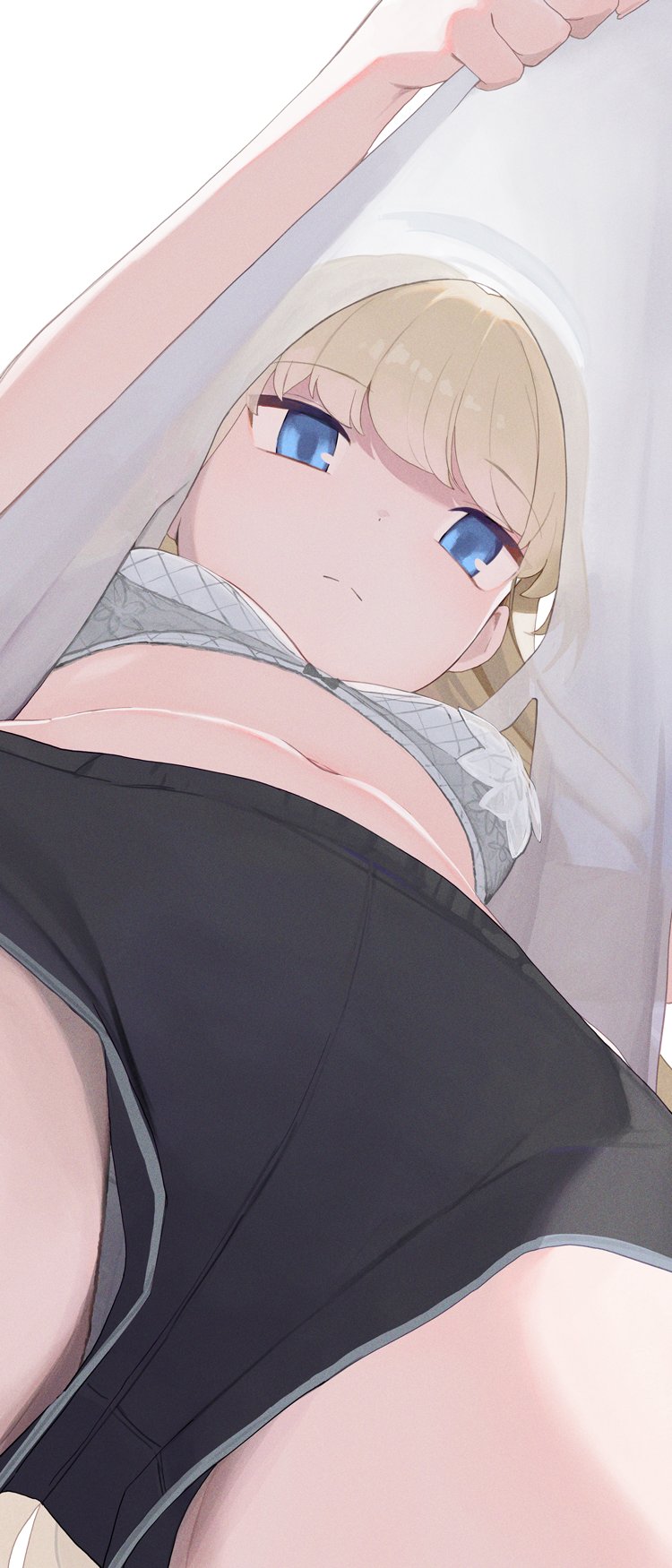 1girl black_shorts blonde_hair blue_archive bra closed_mouth clothes_lift from_below halo highres hiroki_(yyqw7151) lifting_own_clothes long_hair navel panties panties_under_shorts shirt shirt_lift shorts simple_background solo thighs toki_(blue_archive) underwear upshirt white_background white_bra white_panties white_shirt