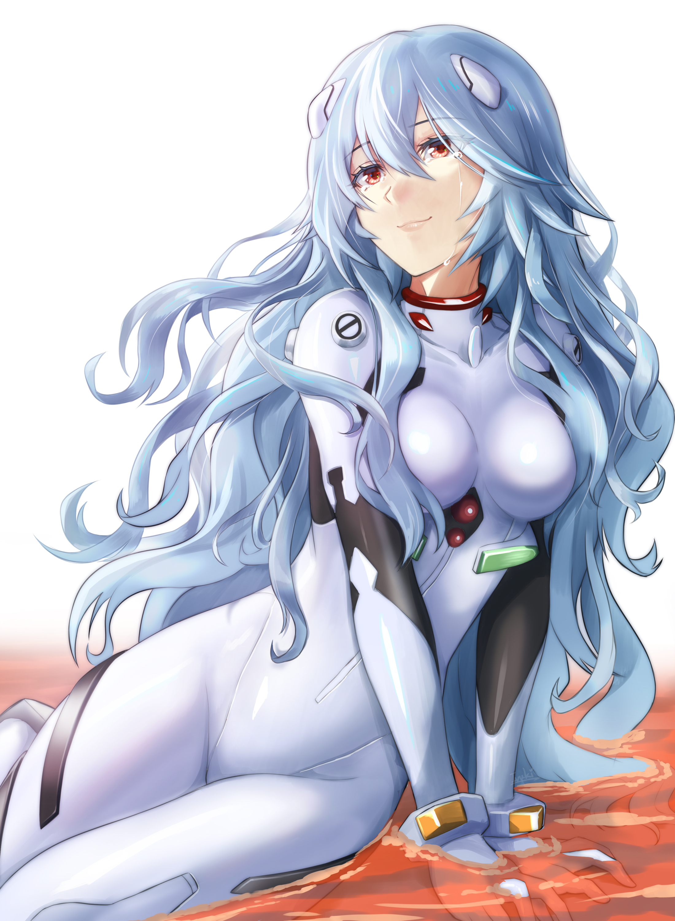 1girl absurdres ayanami_rei blue_hair bodysuit bracer colored_eyelashes commentary evangelion:_3.0+1.0_thrice_upon_a_time feet_out_of_frame hair_between_eyes hairpods happy_tears highres interface_headset_(evangelion) ivuki lcl long_hair looking_up mecha_pilot_suit neon_genesis_evangelion partially_submerged plugsuit_(evangelion) rebuild_of_evangelion red_eyes simple_background sitting smile solo tears thighs v_arms wavy_hair white_background white_bodysuit yokozuwari