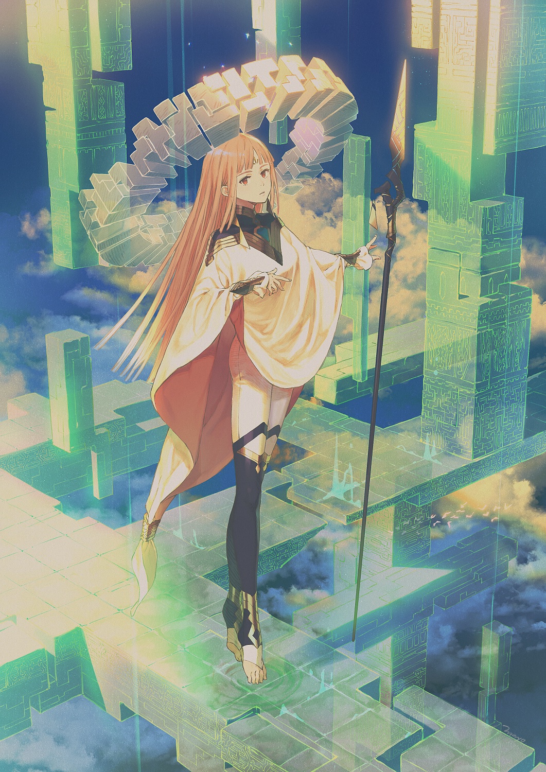 1girl barefoot brown_eyes cloud cloudy_sky collarbone fingernails floating halo hatching_(texture) highres long_hair long_sleeves looking_at_viewer moryo orange_hair original outdoors parted_lips sky sleeves_past_wrists solo staff thighhighs transparent