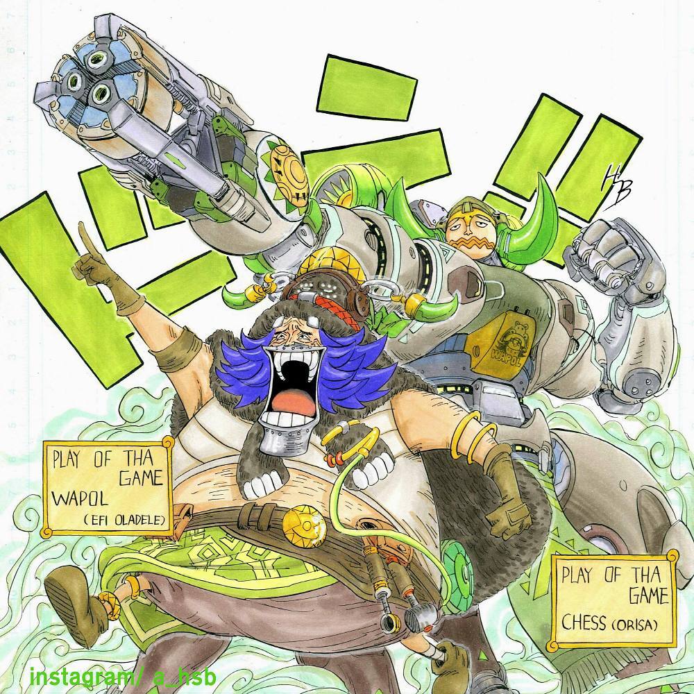 2boys chess_(one_piece) cosplay efi_oladele efi_oladele_(cosplay) han_seok-bum hat male_focus multiple_boys official_style one_piece orisa_(overwatch) orisa_(overwatch)_(cosplay) overwatch overwatch_1 purple_hair robot wapol