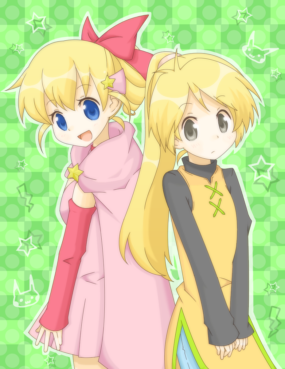 2girls :d black_eyes blonde_hair blue_eyes breasts cape checkered_background commentary_request detached_sleeves dress flat_chest gen_1_pokemon green_background hair_ornament hair_ribbon hazel_(pokemon) highres long_hair long_sleeves magical_pokemon_journey mijumaruko multiple_girls nintendo open_mouth pikachu pink_dress pink_ribbon pokemon pokemon_(creature) pokemon_adventures ribbon small_breasts smile star_(symbol) yellow_(pokemon) yellow_dress