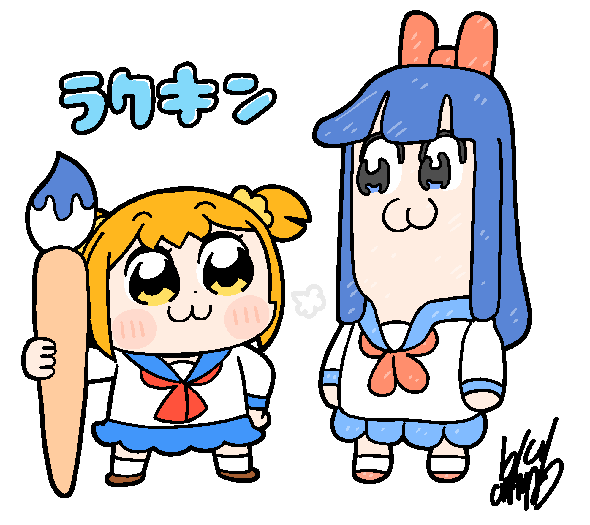 2girls :3 artist_name bkub blue_eyes blue_hair blue_sailor_collar blue_skirt blunt_bangs blunt_ends blush_stickers bow brown_shoes chibi chibi_only closed_mouth commentary_request dot_nose hair_bow hair_ornament hair_scrunchie highres holding holding_paintbrush long_hair long_sleeves looking_at_another multiple_girls neckerchief official_art orange_hair paintbrush pipimi poptepipic popuko puff_of_air rakugaki_kingdom red_bow red_neckerchief sailor_collar school_uniform scrunchie serafuku shirt shoes short_hair sidelocks signature simple_background skirt socks standing translation_request two_side_up white_background white_shirt white_socks yellow_eyes yellow_scrunchie