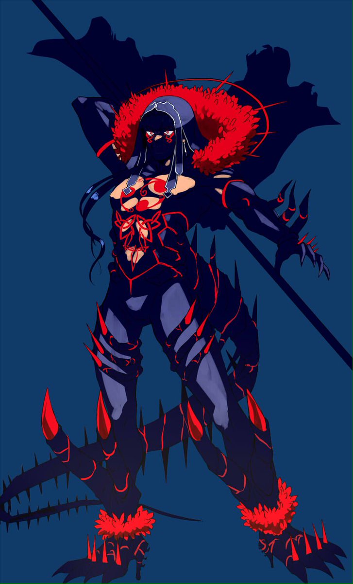 1boy arm_up black_gloves black_pants blue_background blue_hair bodypaint bulge cape claws cu_chulainn_(fate) cu_chulainn_(fate/stay_night) cu_chulainn_alter_(fate) cu_chulainn_alter_(fate/grand_order) cu_chulainn_alter_(third_ascension)_(fate) dark_persona earrings elbow_gloves facepaint fate/grand_order fate_(series) floating_hair full_body fur-trimmed_cape fur_trim gloves highres hood hood_up jewelry long_hair male_focus monster_boy muscular muscular_male pants pectorals ponytail red_eyes simple_background skin_tight solo spikes tail tikarawaza topless_male