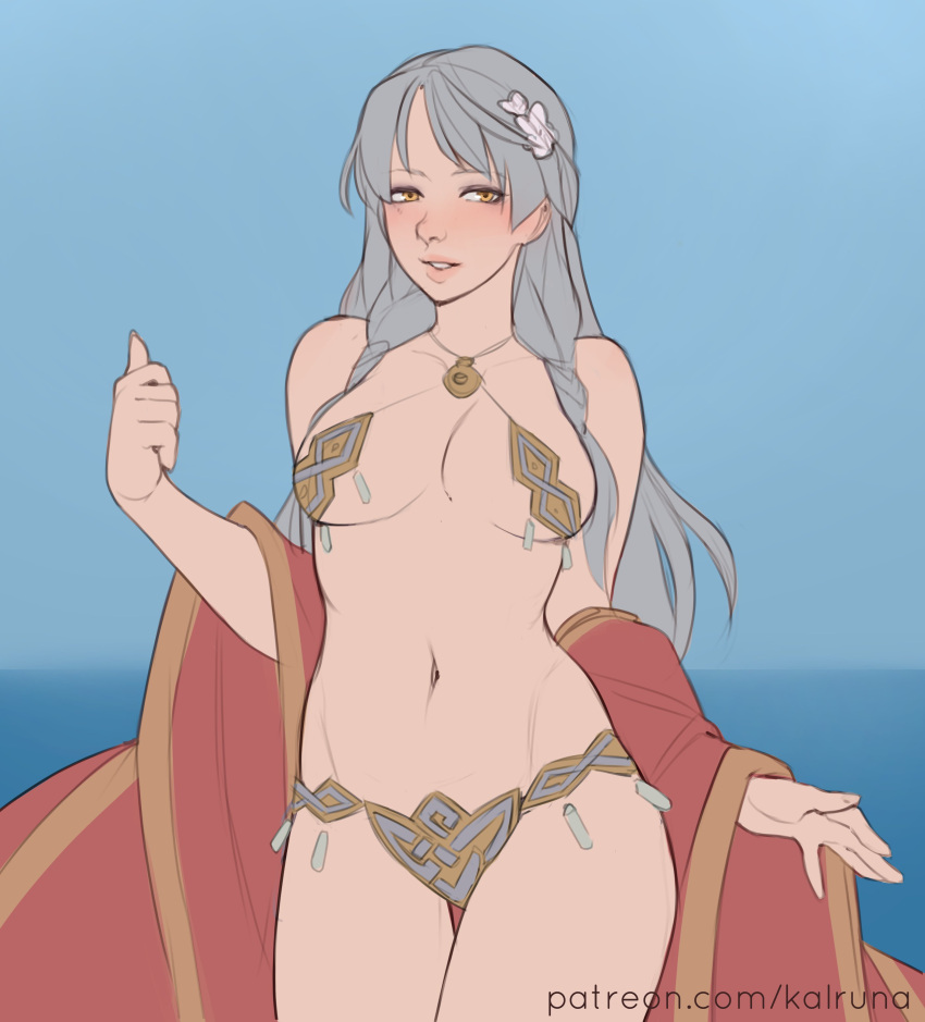 1girl bikini fire_emblem fire_emblem:_radiant_dawn grey_hair kalruna micaiah_(fire_emblem) micaiah_(radiant_queen)_(fire_emblem) nintendo swimsuit yellow_eyes