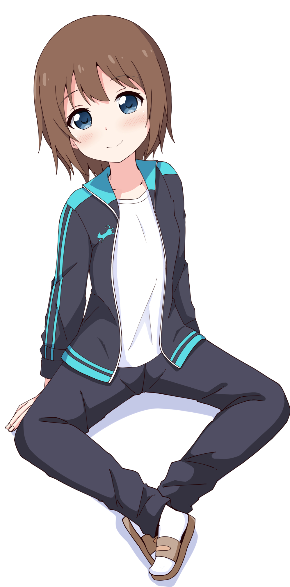 1girl aikawa_ryou black_jacket black_pants blue_eyes brown_hair brown_sandals collarbone commentary_request full_body highres jacket knees_apart_feet_together looking_at_viewer minamino_tsubasa open_clothes open_jacket pants sandals shadow shirt simple_background sitting socks solo track_jacket track_pants track_suit white_background white_shirt white_socks yuru_yuri
