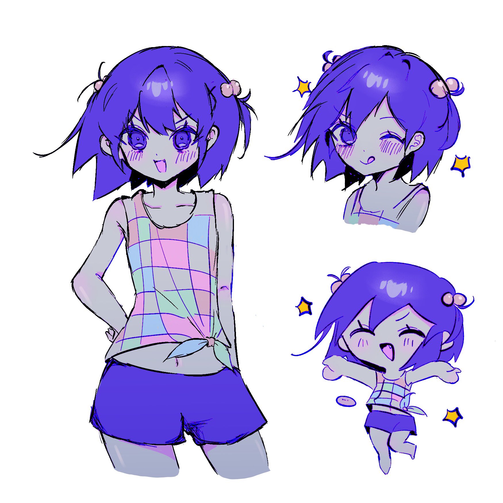 1girl :d :q ^_^ arm_at_side bad_id bad_twitter_id bare_arms bare_shoulders blush checkered_clothes chibi chibi_inset closed_eyes closed_mouth colored_skin cropped_legs cropped_torso dot_nose front-tie_top genderswap genderswap_(mtf) hair_between_eyes hair_bobbles hair_ornament hand_on_own_hip hector_(omori) highres kel_(headspace)_(omori) kel_(omori) looking_at_viewer multiple_views navel omori one_eye_closed open_mouth pet_rock purple_eyes purple_hair purple_shorts rally1111 short_hair short_shorts shorts simple_background smile sparkle tank_top tongue tongue_out v-shaped_eyebrows white_background white_skin