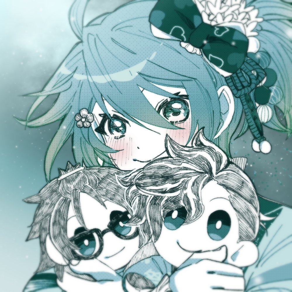 1boy ahoge aioka_(aichiu_kuchiu) aqua_background aqua_theme astel_leda astel_leda_(old_design) blush bow character_doll doll flower hair_between_eyes hair_bow hair_flower hair_ornament hairclip holostars hugging_doll hugging_object japanese_clothes kagami_kira kanade_izuru kanade_izuru_(3rd_costume) kimono light_particles long_sleeves looking_at_viewer male_focus monochrome official_alternate_costume ponytail short_ponytail side_ponytail smile solo spot_color trap upper_body virtual_youtuber yukata