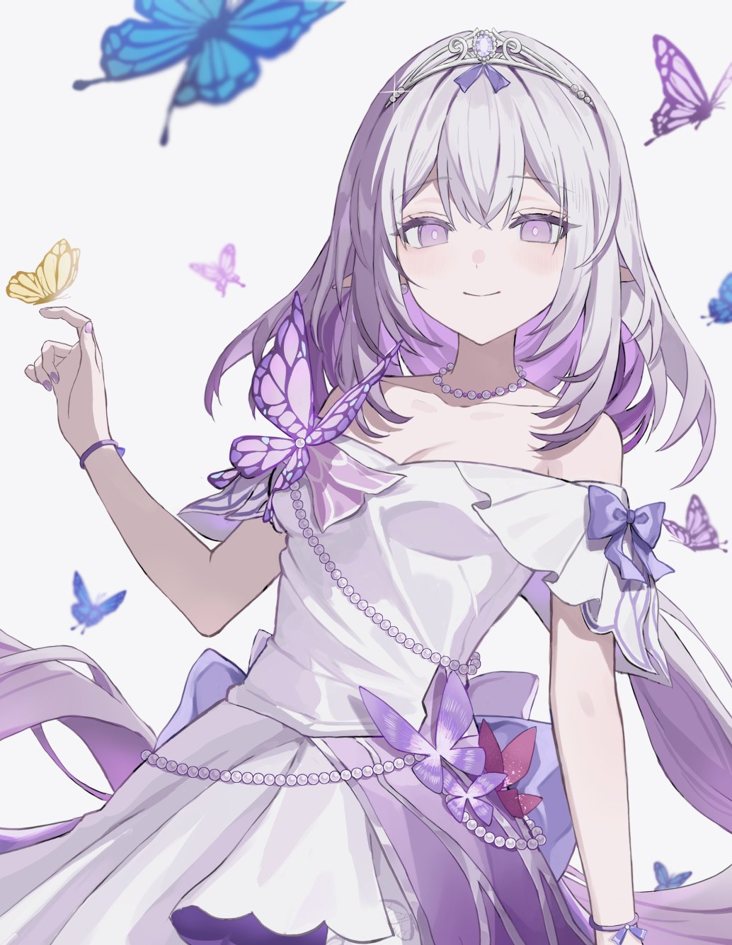 1girl bare_shoulders breasts bug butterfly castorice_(honkai:_star_rail) castorice_(star_rail_live_2025)_(honkai:_star_rail) cleavage commentary_request dress highres honkai:_star_rail honkai_(series) insect jewelry kiina_(mrnsor) long_hair looking_at_viewer medium_breasts necklace official_alternate_costume pearl_necklace purple_eyes purple_hair smile solo tiara white_background white_dress