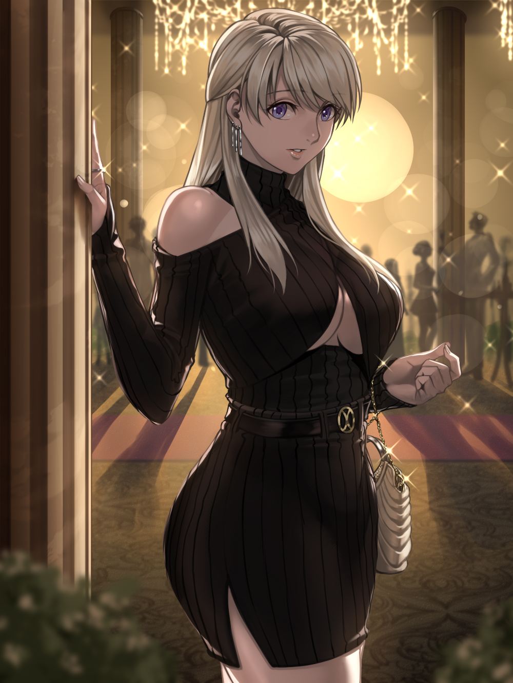 1girl bare_shoulders black_dress blonde_hair breasts cleavage cleavage_cutout clothing_cutout commission cowboy_shot delsaber dress earrings highres jewelry large_breasts long_hair original purple_eyes skeb_commission solo_focus sweater sweater_dress