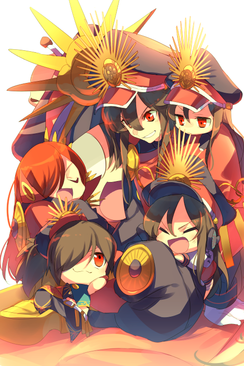 1boy 4girls armored_boots black_hair black_hat black_jacket black_pants boots breasts buttons cape chain chibi closed_eyes echo_(circa) fate/grand_order fate_(series) gloves grin hat headphones jacket koha-ace long_hair long_sleeves medallion multiple_girls multiple_persona oda_kippoushi_(fate) oda_nobunaga_(fate) oda_nobunaga_(maou_avenger)_(fate) oda_nobunaga_(swimsuit_berserker)_(fate) oda_nobunaga_(swimsuit_berserker)_(first_ascension)_(fate) oda_uri open_mouth pants peaked_cap popped_collar red_cape red_eyes red_hair sitting small_breasts smile white_gloves