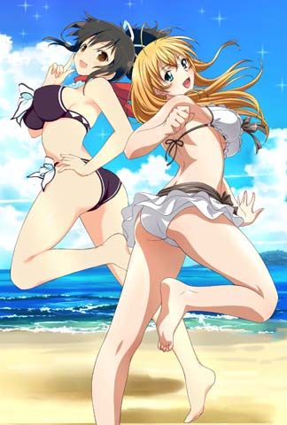:d antenna_hair ass asuka_(senran_kagura) beach bikini bikini_skirt black_bikini blue_sky blush breasts brown_eyes brown_hair cloud crossover day green_eyes hair_between_eyes hair_ribbon horizon ikkitousen large_breasts long_hair lowres mountainous_horizon multiple_girls ocean official_art open_mouth orange_hair outdoors ponytail red_scarf ribbon sand scarf senran_kagura senran_kagura_new_wave senran_kagura_shoujo-tachi_no_shin&#039;ei shore short_hair short_ponytail side-tie_bikini_bottom sky smile sonsaku_hakufu standing string_bikini swimsuit water white_bikini white_ribbon