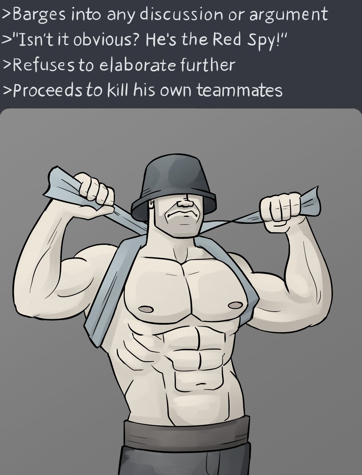 1boy abs cowboy_shot english_text gigachad_(meme) grey_background helmet highres meet_the_team meme muscular muscular_male pants simple_background soldier_(tf2) solo team_fortress_2 thef1amethr0wer topless_male