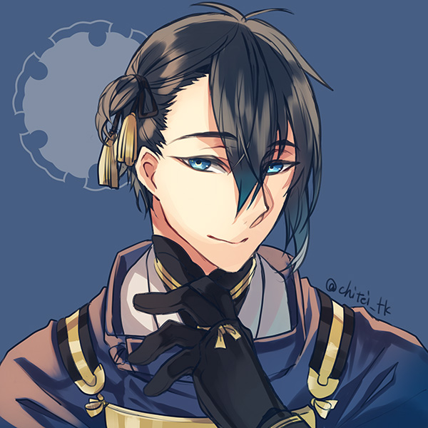 10s 1boy alternate_hairstyle black_gloves blue_eyes blue_hair gloves japanese_clothes male_focus matching_hair/eyes mikazuki_munechika side_ponytail smile solo tenkuu_sphere touken_ranbu twitter_username upper_body