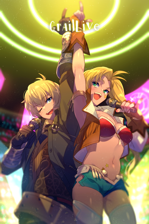 1boy 1girl arm_up bare_shoulders belt bikini billy_the_kid_(fate) black_jacket blonde_hair blue_shorts blush bracer breasts brown_gloves brown_vest calamity_jane_(fate) calamity_jane_(first_ascension)_(fate) cleavage cropped_vest detached_collar echo_(circa) facial_mark facial_tattoo fate/grand_order fate_(series) fingerless_gloves gloves green_eyes green_shorts jacket large_breasts long_hair long_sleeves looking_at_viewer microphone navel one_eye_closed open_clothes open_mouth open_vest pointing pointing_up red_bikini short_hair short_shorts shorts side_ponytail smile star_(symbol) star_facial_mark star_tattoo stomach_tattoo swimsuit tattoo thighhighs thighs two-tone_shorts vest white_thighhighs