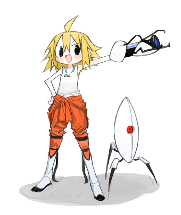 ahoge aperture_science_handheld_portal_device black_eyes blonde_hair chell chell_(cosplay) cosplay kokaki_mumose medium_hair null-meta open_mouth portal_(series) smile tank_top sentry_turret_(portal) uozumi_kurumi