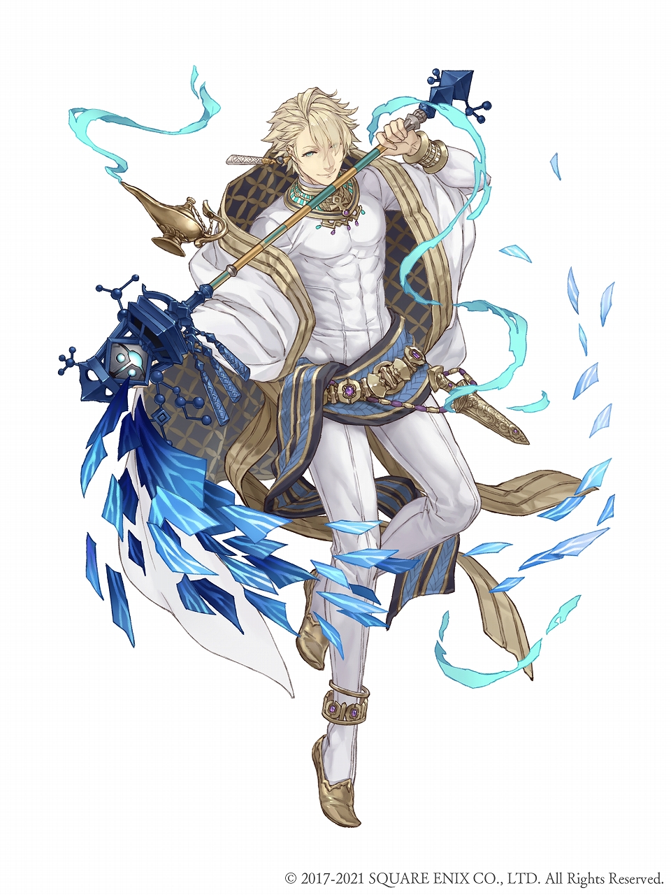 1boy abs aladdin_(sinoalice) ankh anklet blonde_hair blue_eyes bodysuit bodysuit_under_clothes bracer coat dagger full_body gold_trim highres holding holding_staff jewelry ji_no knife looking_at_viewer official_art oil_lamp pointy_footwear sash sinoalice smile solo square_enix staff usekh_collar weapon white_background white_bodysuit
