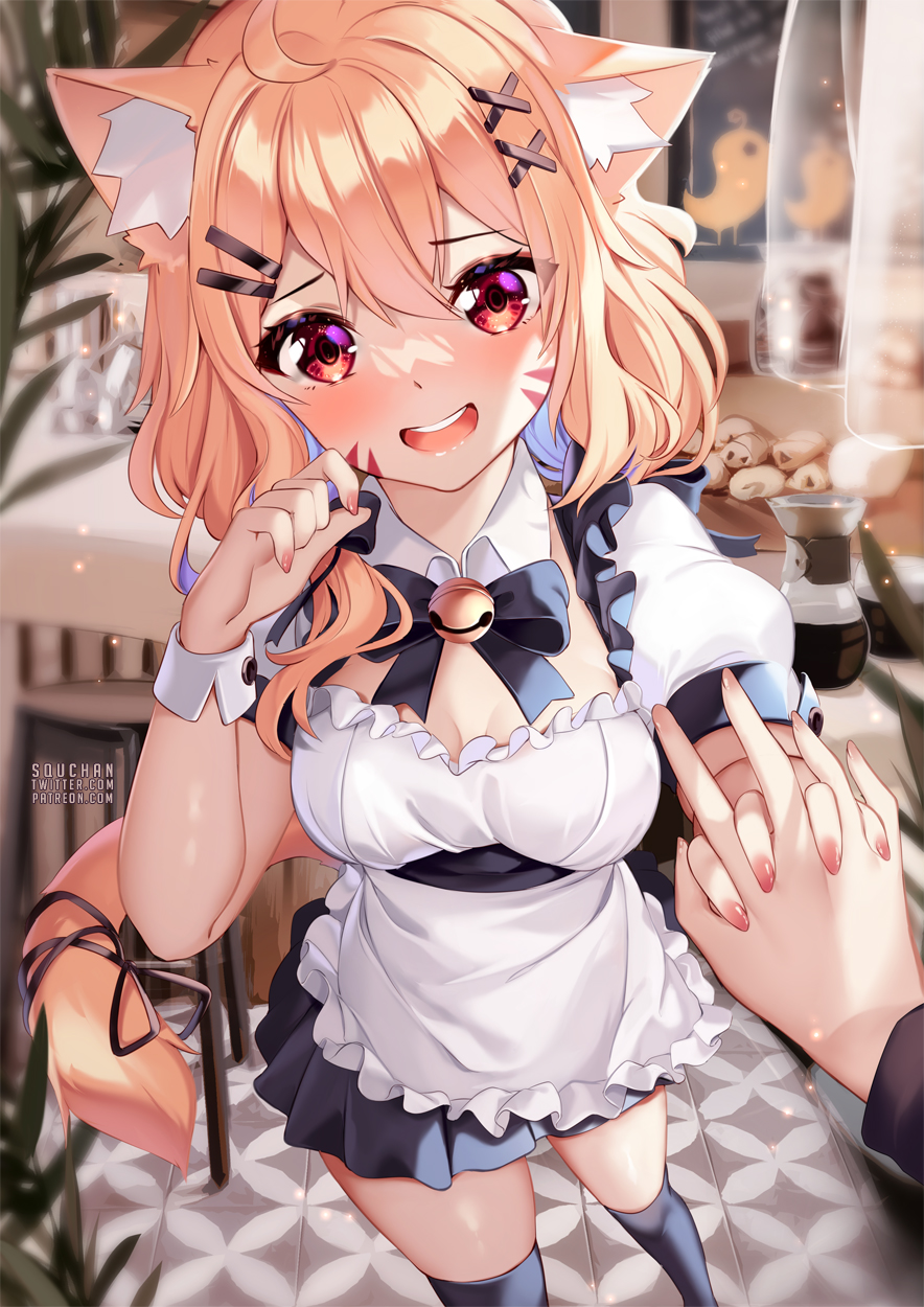 1girl :d alternate_costume animal_ear_fluff animal_ears apron bad_anatomy bad_leg bell black_bow black_bowtie black_skirt black_thighhighs blonde_hair blush bow bowtie breasts cat_ears cat_tail commentary english_commentary facial_mark hair_ornament hairclip hand_up highres holding_hands jingle_bell looking_at_viewer medium_breasts miniskirt nail_polish open_mouth pink_nails puffy_short_sleeves puffy_sleeves red_eyes shirt short_hair short_sleeves shyrei_faolan skirt smile solo_focus squchan standing tail thighhighs virtual_youtuber vyugen waist_apron whisker_markings white_apron white_shirt wrist_cuffs