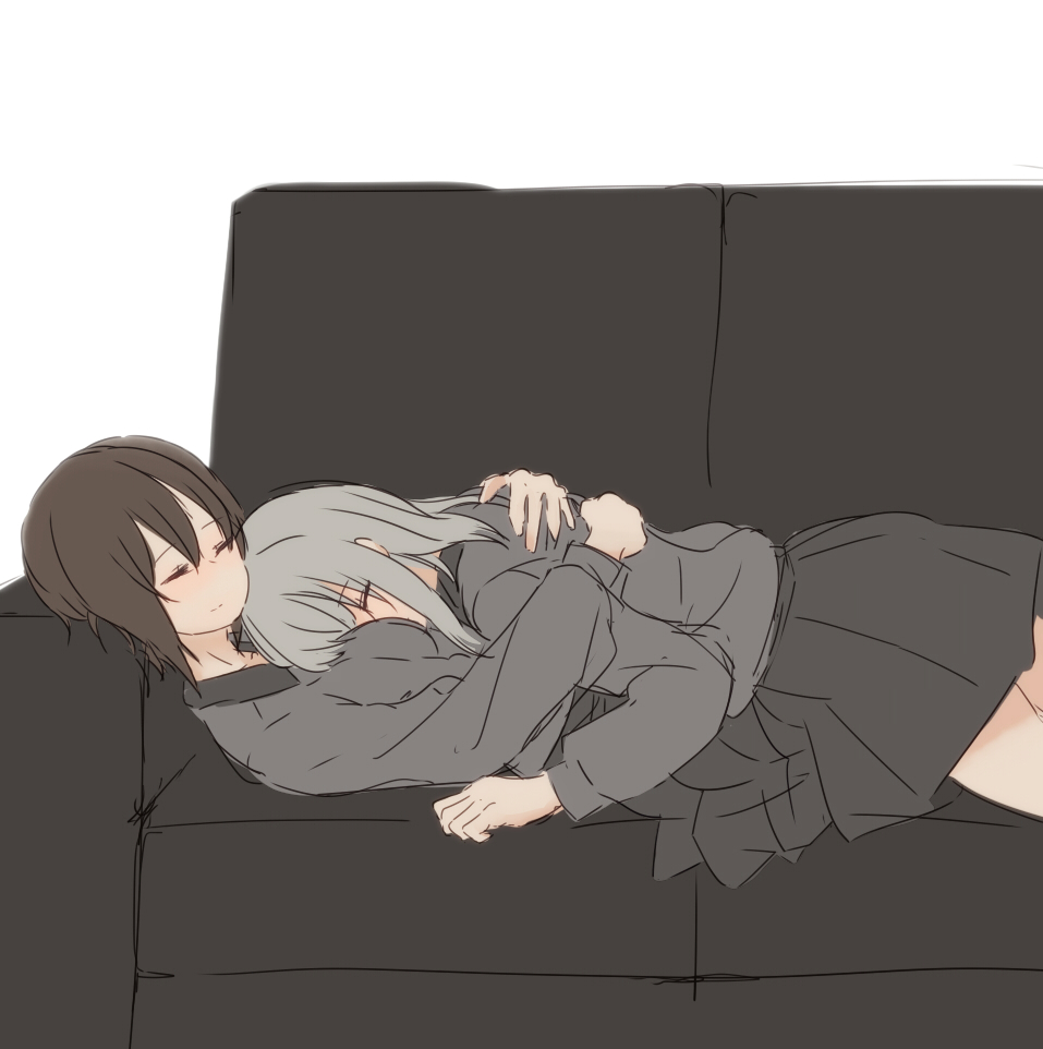 2girls black_couch black_skirt breasts brown_hair caedeimo collared_shirt couch girls_und_panzer grey_hair grey_shirt head_on_chest hug itsumi_erika kuromorimine_school_uniform long_hair long_sleeves lying lying_on_another miniskirt multiple_girls nishizumi_maho on_back on_couch school_uniform shirt short_hair skirt yuri