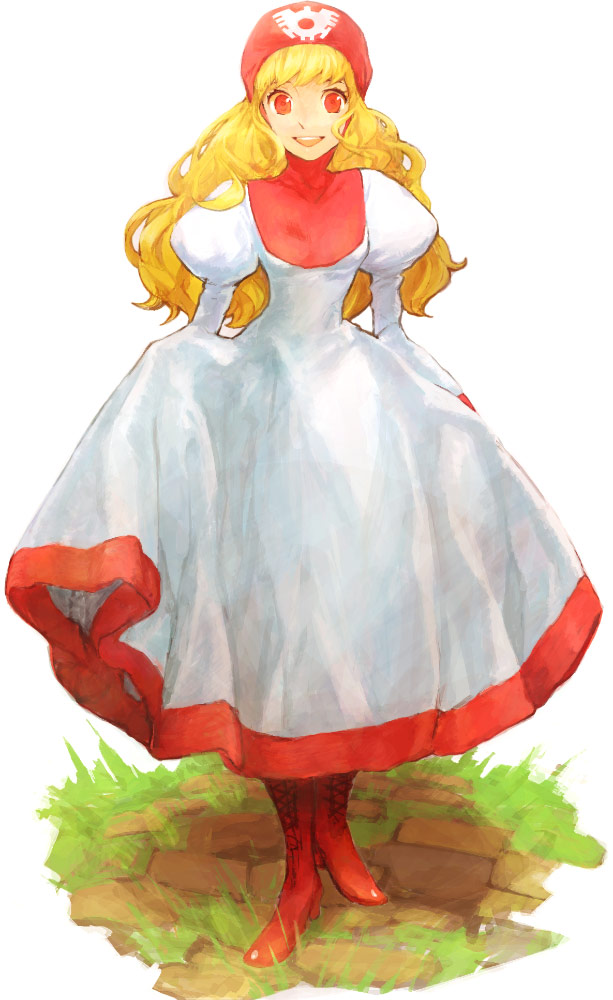 1980s_(style) 1girl blonde_hair blush boots breasts dragon_quest dragon_quest_ii dress female_focus hood long_hair mitosa oldschool open_mouth princess_of_moonbrook red_boots red_eyes retro_artstyle smile solo